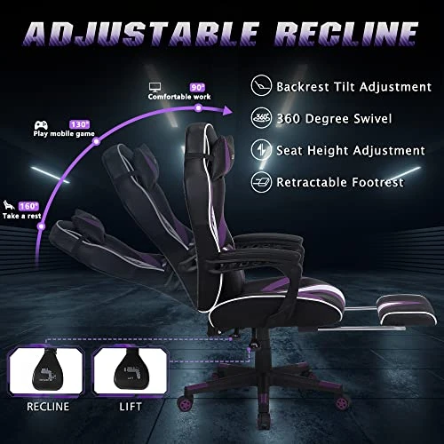 Zeanus Gaming Chair For Adults Purple Gaming Chairs Reclining Computer Chair With Footrest For Heavy People Gamer Chair With Massage Ergonomic PC Gaming Chair Racing Chair For Gaming Big And Tall - Image 2