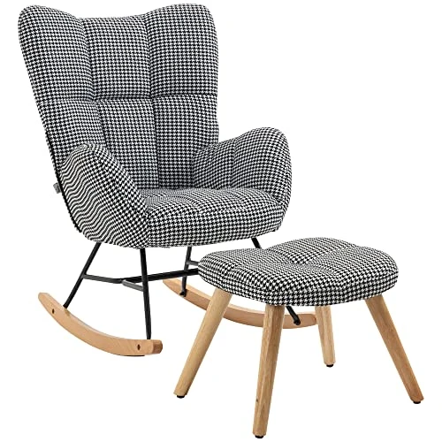 HOMCOM Glider Rocker With Ottoman Set, Houndstooth Nursery Rocking Chair, Upholstered Wingback Armchair For Living Room And Bedroom