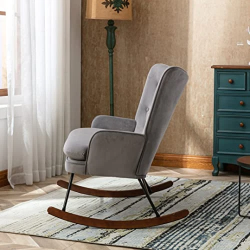 Polyester Rocker Armchair Oversized Tufted High Back Loveseat Chair Comfortable Glider Rocking Chair For Bedroom/Nursery/Living Room, Grey - Image 4