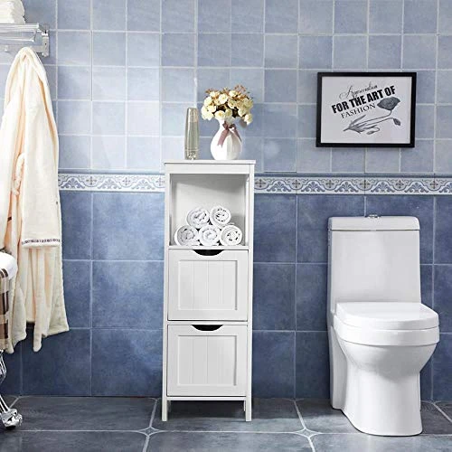 Topeakmart Bathroom Floor Cabinet With 2 Drawers, Free-Standing Side Storage Organizer With 1 Shelf, Wooden Multifunctional Rack Stand, White - Image 2