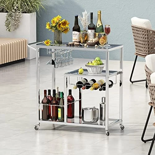 FABOMEI Silver Bar Carts With Glass Holders & Wine Rack,3 Tier Home Bar Serving Carts With Glass Shelves,Metal Rolling Bar Carts For The Home Kitchen, Party - Image 8