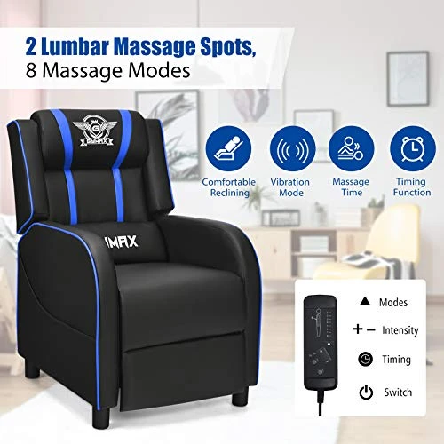 POWERSTONE Gaming Recliner Chair, Reclining Gaming Chair Ergonomic Leather Sofa With Footrest Lumbar Support Headrest And Side Pouch For Living Room Home Theater, Blue - Image 4