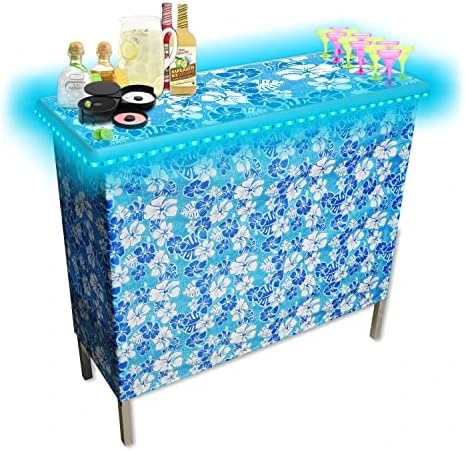 (USA Company) Patented Folding Portable Party Bar W/Multi-Color LED Lights, Black & Hawaiian Bar Skirts, And Storage Shelf - Image 9