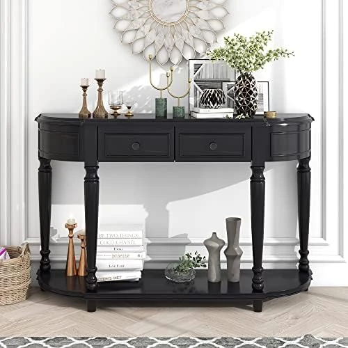 Polibi Retro Curved Console Table With Open Style Shelf And 4 Top Drawers, 52" W Half Moon Entry Table With Solid Wooden Frame And Legs For Living Room, Entryway And Hallway, Antique Grey - Image 12