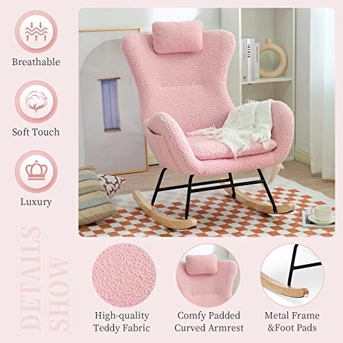 NIOIIKIT Nursery Rocking Chair, Comfy Accent Chair Padded Seat With High Backrest Armchair, Teddy Upholstered Glider Rocker Rocking For Nursery, Living Room, Bedroom (Pink) - Image 2