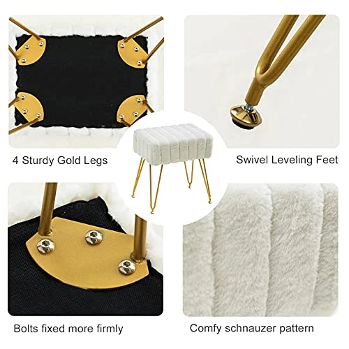 Modern Mink Square Footstool Ottoman Bench, White Faux Fur Vanity Stool With Gold Legs, Comfy Vanity Chair Entryway Bench, Makeup Stools For Vanity, Plush Fluffy Footrest For Bedroom, Living Room - Image 4