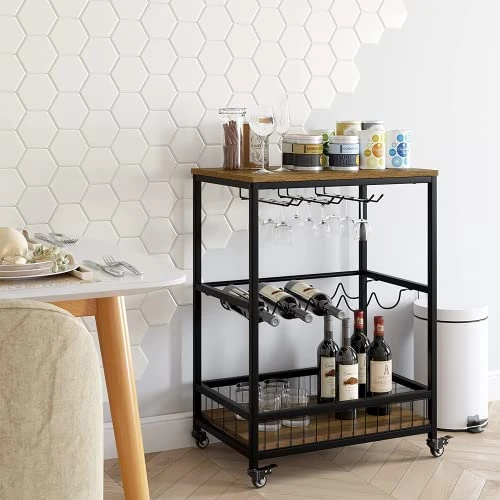 Graciia Mobile Bar Cart For Home, Serving On Wheels, Rolling Wine Cart, Industrial Beverage With Rack And Glass Holder, Rustic Brown (V-80) - Image 2