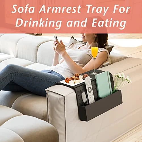 Semounva Bamboo Sofa Arm Tray With Pockets, Foldable Armrest Tray For Snack, Drinks, Phone, TV Remote, Flexible Couch Armrest Table Gift For Friends And Family (Black) - Image 3
