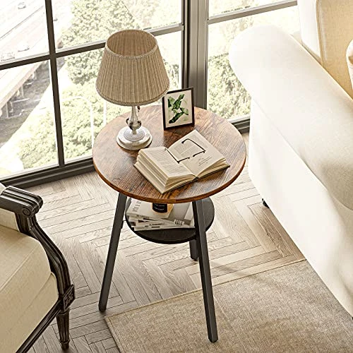 CubiCubi Round End Table, Side Table With Wooden Shelves, 2-Tier Rustic Vintage Table For Living Room Bedroom, Metal Frames And Wooden Boards, Rustic Brown - Image 3