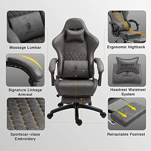 Dowinx Gaming Chair Office Chair PC Chair With Massage Lumbar Support, Vintage Style PU Leather High Back Adjustable Swivel Task Chair With Footrest (Light Grey) - Image 3