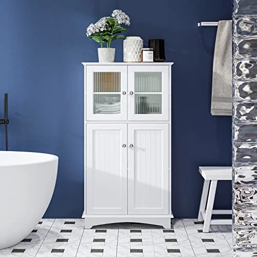 Spirich Bathroom Storage Cabinet, Wood Floor Cabinet, Free Standing Storage Organizer For Bathroom, Bedroom, Living Room, White - Image 3