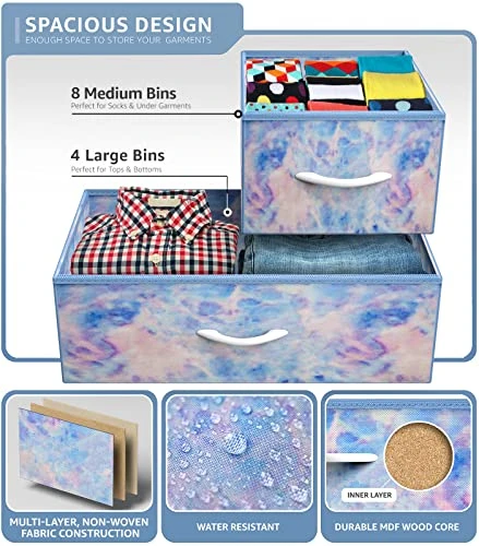 Kids Dresser With 12 Drawers - Chest Organizer Unit With Steel Frame Wood Top & Handle, Fabric Bins For Clothes - Large Furniture For Bedroom Hallway Kids Room Nursery & Closet (Blue - Tie-dye) - Image 3