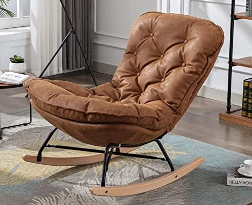 Kmax Rocking Chair Nursery Tufted Accent Glider Chair With Tufted Linen Fabric Cushion PU Leather Base For Baby Nursery Bedroom Living Room, Light Grey - Image 6