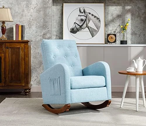 Modern Accent Rocking Chair, Upholstered Nursery Glider Rocker For Baby And Kids, Comfy Armchair With Side Pocket, Living Room Lounge Arm Chair, High Backrest With Decorative Buttons, Off White - Image 13