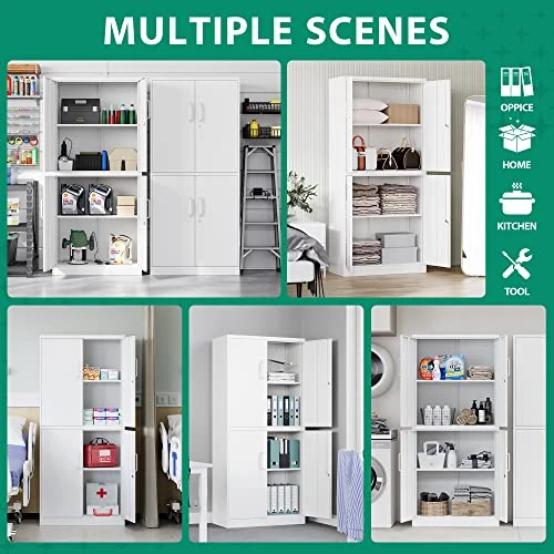 Letaya Metal Storage Cabinet, 2 Adjustable Shelves Lockable Door, Steel Locker For Office, Home,Pantry,Garage Utility Cabinet (White)… - Image 2