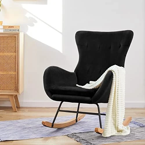 FUNNIU Rocking Chair Nursery, Glider Chair For Baby Nursing With Cushion Teddy Velvet Upholstered Indoor Glider Rocker Comfy Armchair Living Room Chair Accent Chair With High Backrest And Armrests - Image 6