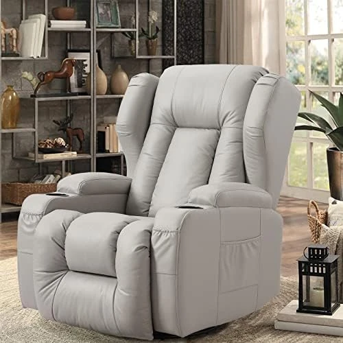 OBBOLLY Manual Swivel Glider Rocker Recliner Chair-Nursery Rocking Recliner Chair,Wingback Design 360° Swivel Chair With Lumbar Pillow, Cup Holders, Side Pockets For Living Room (PU Brown, Single) - Image 4
