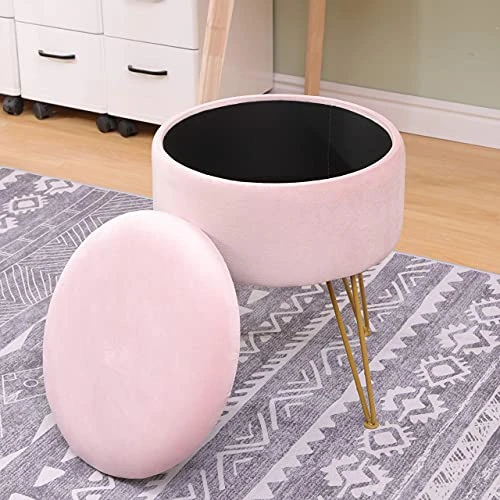 Ubrand Ottoman Velvet Storage Footrest Stool Round Dressing Upholstered Vanity Chair,Makeup Footstool With Golden Metal Legs Non-Slip Mats For Living Room And Bedroom-Pink - Image 4
