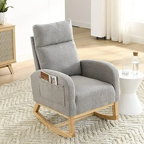 Krinana Nursery Rocking Chair With Solid Wood Legs, Glider Chair For Nursery With Two Side Pockets, Rocker Armchair For Living Room Bedroom (Beige, Linen Fabric) - Image 10