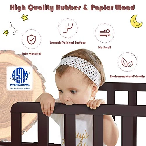 HONEY JOY Toddler Bed Frame, Solid Rubber Wood Frame W/Safety Guardrail, Fits Crib Full Size Mattress (Not Included), Children Classic Sleeping Bedroom Furniture For Kids Boys Girls(Brown) - Image 2