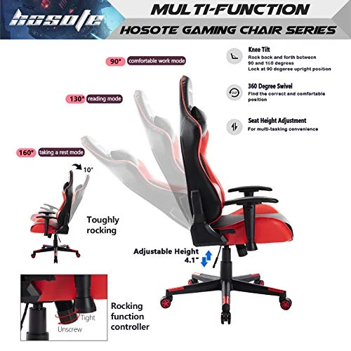 Hosote Ergonomic Gaming Chair For Adults, High Back Racing Computer Gaming Chair, E-Sports Gamer Chair, Big And Tall Video Gaming Chair, PU Leather Desk Chair Task Chair Office Chair(Red,Black) - Image 5