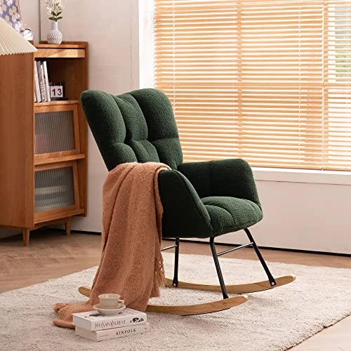 Krinana Teddy Fabric Nursery Rocking Chair, Rocker Armchair With Solid Wood Legs, Glider Chair Nursery With High Backrest For Living Room Apartment (Teddy Fabric,Green) - Image 3