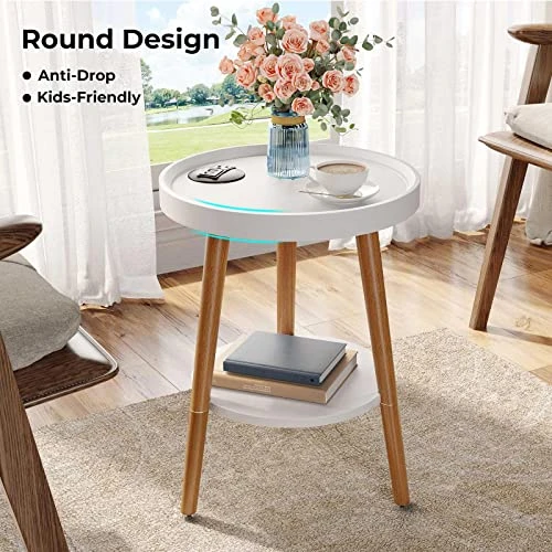 GREENSTELL End Table With Charging Station, Round Side Table With Storage Shelf, USB Ports And Anti-Drop Fence, 2-Tier Small Nightstand Sofa Table For Living Room, Bedroom White 15.0*15.0*20.4inches - Image 4
