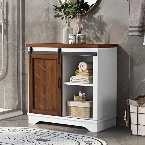 Merax, Brown Farmhouse Accent Cabinet With Sliding Barn Door, Bathroom Storage Cupboard With Adjustable Shelf, 1.18inch Thick MDF Board, White, 31.5" L X 15.7''W X 31.9''H