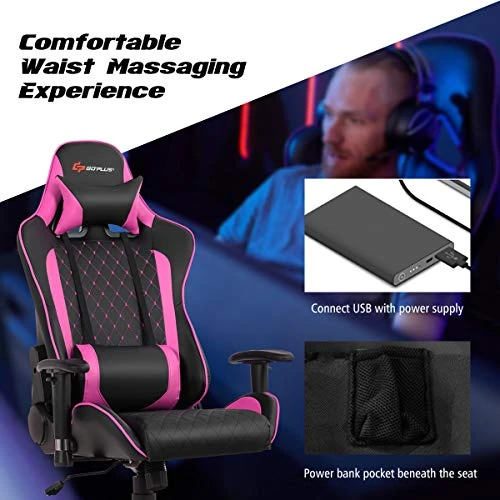 Goplus Massage Gaming Chair, Reclining Backrest Handrails And Seat Height Adjustment Racing Computer Office Chair, Ergonomic High Back Embroidered PU Swivel Game Chair With Headrest And Lumbar Cushion - Image 2