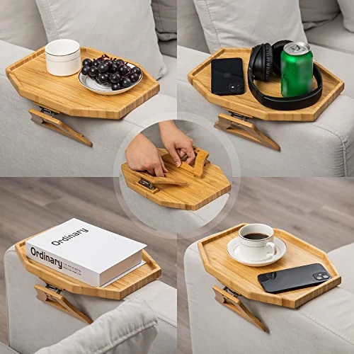 LOVYANXUE Bamboo Sofa Arm Tray Table, Portable Couch Arm Table Armrest Tray, Sofa Arm Clip Table For Small Spaces, Stable Couch Tray For Eating/Drinks/Phone/Remote - Image 5