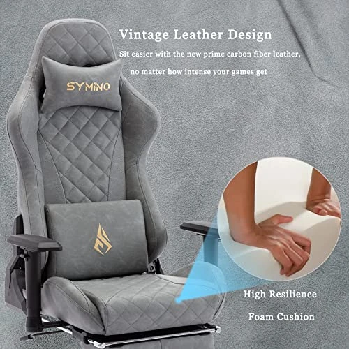 Symino Gaming Chair Ergonomic Office Chair Racing Style Computer Chair With 3D Armrest, Vintage Style PU Leather PC Chair With Footrest (Grey) - Image 3
