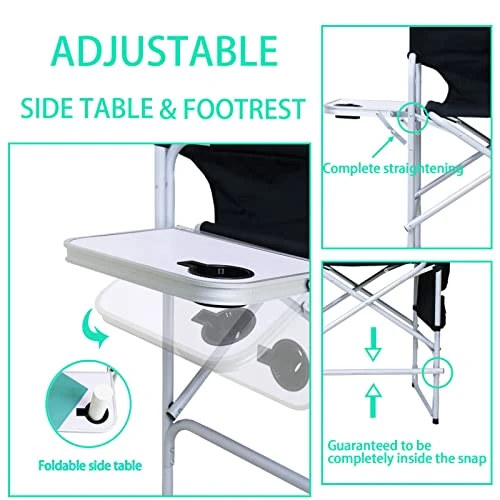 ABACAD Tall Director Chair Foldable, Portable Makeup Artist Chair Bar Height, Outdoors Folding Chair With Side Table Storage Bag Foot Rest, Black - Image 2