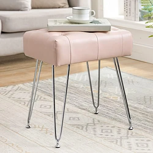 LUE BONA Modern Faux Leather Rectangle Vanity Stool, Vanity Chair For Makeup Room, Whiskey Brown Ottoman Foot Rest Entryway Bench With Black Legs For Bedroom Living Room - Image 8