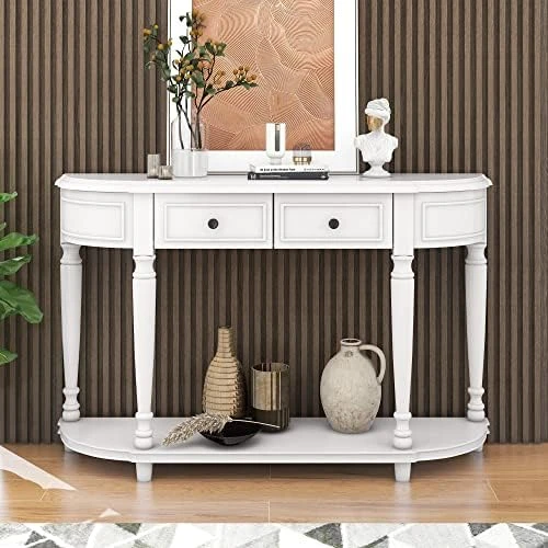 Polibi Retro Curved Console Table With Open Style Shelf And 4 Top Drawers, 52" W Half Moon Entry Table With Solid Wooden Frame And Legs For Living Room, Entryway And Hallway, Antique Grey - Image 11