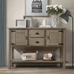 P PURLOVE Buffet Table Sofa Table Console Table Sideboard With Storage Drawers Cabinets And Bottom Shelf (Rustic)