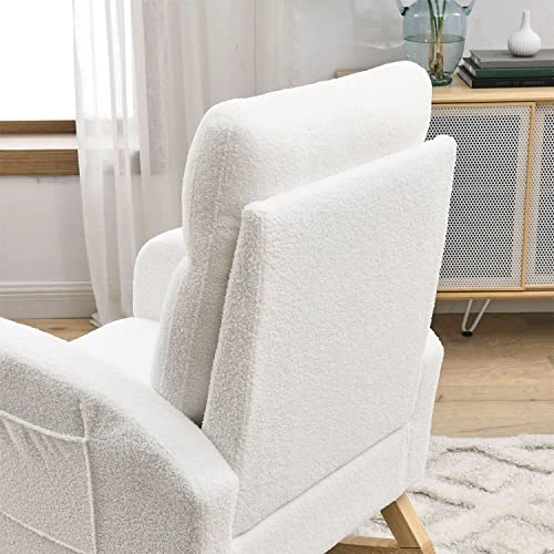 JEEOHEY Nursery Rocking Chair, Modern Upholstered Teddy Fabric Rocker Glider Chairs Single Sofa Chair With Solid Wood Legs, Side Pockets, White - Image 4