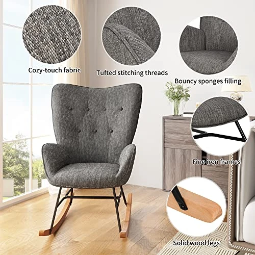 HERNEST Modern Rocking Chair For Nursery Linen Upholstered Rocker Glider Chair With High Backrest And Armrests Comfy Accent Rocking Armchair For Living Room Bedroom,Dark Grey - Image 2