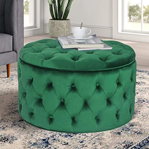 Homebeez Round Velvet Storage Ottoman Button-Tufted Footrest Stool Coffee Table For Living Room (Emerald Green) - Image 5