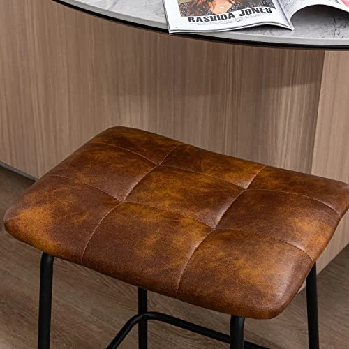 Duhome 24β Square Tufted Counter Bar Stools Set Of 2, Breathable Faux Leather Upholstered Barstool With Footrest, Backless Stool For Kitchen Counter Island Bar, YellowishBrown - Image 3
