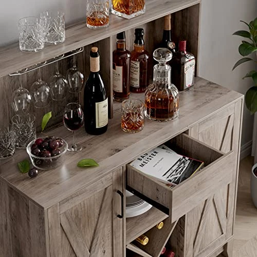 HOSTACK Wine Bar Cabinet For Liquor And Glasses, Barn Doors Wine Cabinet With Adjustable Storage Shelves, Wooden Sideboard Buffet Storage Cabinet For Kitchen, Dining Room, Farmhouse Ash Grey - Image 5