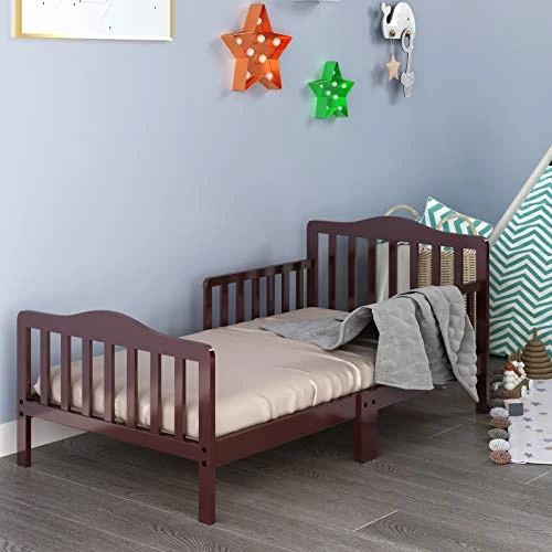 HONEY JOY Toddler Bed Frame, Solid Rubber Wood Frame W/Safety Guardrail, Fits Crib Full Size Mattress (Not Included), Children Classic Sleeping Bedroom Furniture For Kids Boys Girls(Brown) - Image 3