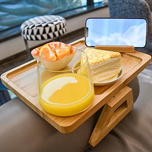 NAVREX Couch Arm Tray Table Clip On Sofa, Coffee Table Tray, Sofa Armrest TV Tray With 360° Rotating Phone Bracket, Bamboo Couch Arm Tray, Living Room Table, Gift For Mom Dad Or Friends - Image 2
