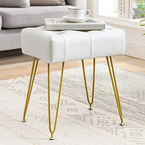 LUE BONA Modern Faux Leather Rectangle Vanity Stool, Vanity Chair For Makeup Room, Whiskey Brown Ottoman Foot Rest Entryway Bench With Black Legs For Bedroom Living Room - Image 12