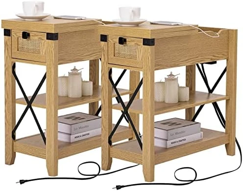 Awescuti Narrow End Table With Charging Station - Farmhouse Slim Side Table Set Of 2, With USB Ports Power Outlets, Nightstand With Flip Top Storage Drawer, For Small Spaces Living Room Bedroom, Gray - Image 7