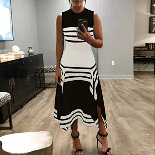 Snowfoller Women Striped Long Dress Casual Sleeveless Round Neck Irregular Hem Party Dresses - Image 2
