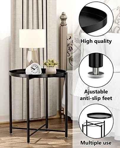 JANE EYRE Tray End Table - Small Round Side Table, Accent Coffee Table, Anti-Rust And Waterproof Outdoor & Indoor Metal Snack Table With Removable Tray, Sofa Table, (H) 20.6" X (D) 17.5" - Black - Image 3