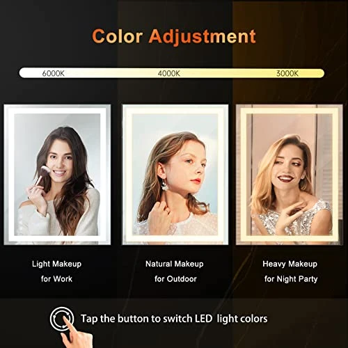 BesMirror 40’’x24’’ Bathroom Mirror With Lights, Anti-Fog Wall Mounted LED Vanity Mirror With 3 Color, Shatter-Proof, Stepless Dimmable, Frameless, Smart Touch Button, Horizontal/Vertical - Image 2