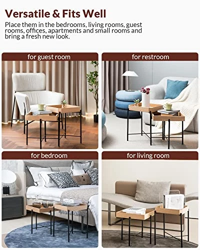 Starway End Tables Set Of 2, Wood Modern Coffee Nesting Table Night Stands Geometrical 2pcs, Snack Side Tables Bedside Tables With Metal Frame, For Living Room, Bedroom,and Easy Assembly - Image 5