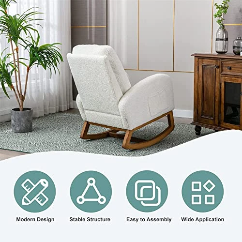 Nursery Rocking Chair,Upholstered Fabric Accent Armchair,Wooden Padded Seat With 2-Side Pocket,Nursing Chair With Rubber Wood Legs,Glider Chair For Nursery,Living Room,Home Office (White Line) - Image 6