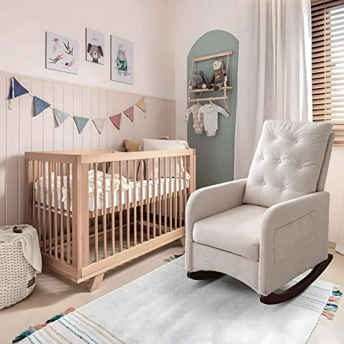 JEEOHEY Nursery Rocking Chair, Modern Upholstered Button Tufted Fabric Rocker Glider Chairs Single Sofa Armchair W/Solid Wood Legs, Side Pockets For Nursery Room, Living Room, Beige - Image 3